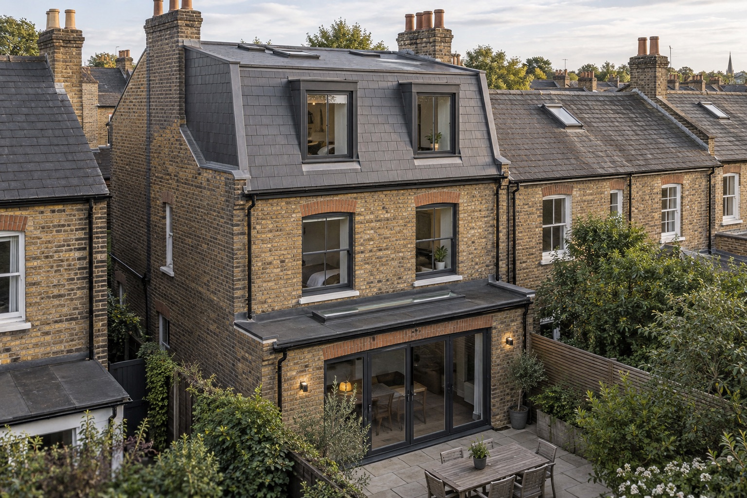 Illustrative mansard roof on a brick terrace, with dormer windows in a steep lower roof slope